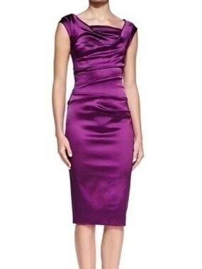 Talbot Runhof Boat Neck Purple Satin Sheath Dress 6
